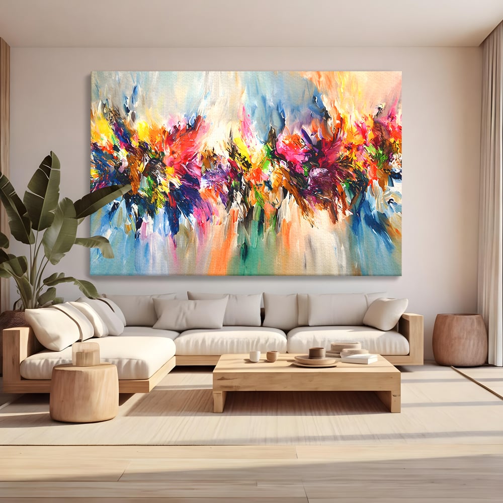 Tablou canvas cu pictura abstracta cu explozie de culoare, fara rama, pe sasiu de lemn, pe perete intr-un living