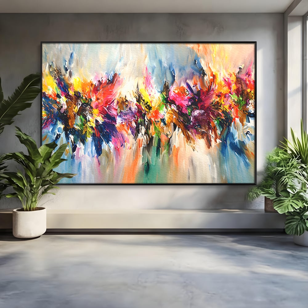 Tablou canvas cu pictura abstracta cu explozie de culoare, in rama de aluminiu negru