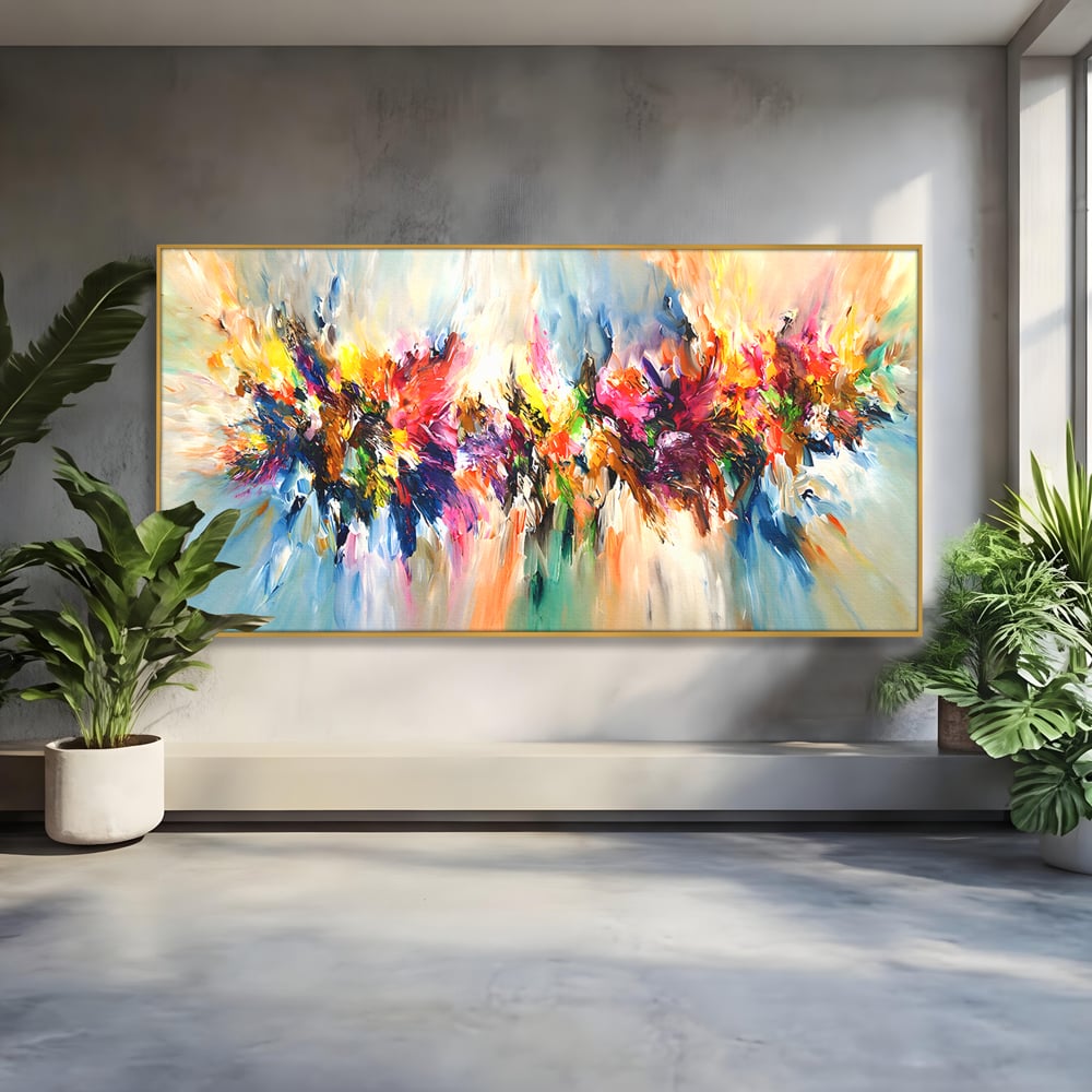 Tablou canvas cu pictura abstracta cu explozie de culoare, in rama de aluminiu auriu