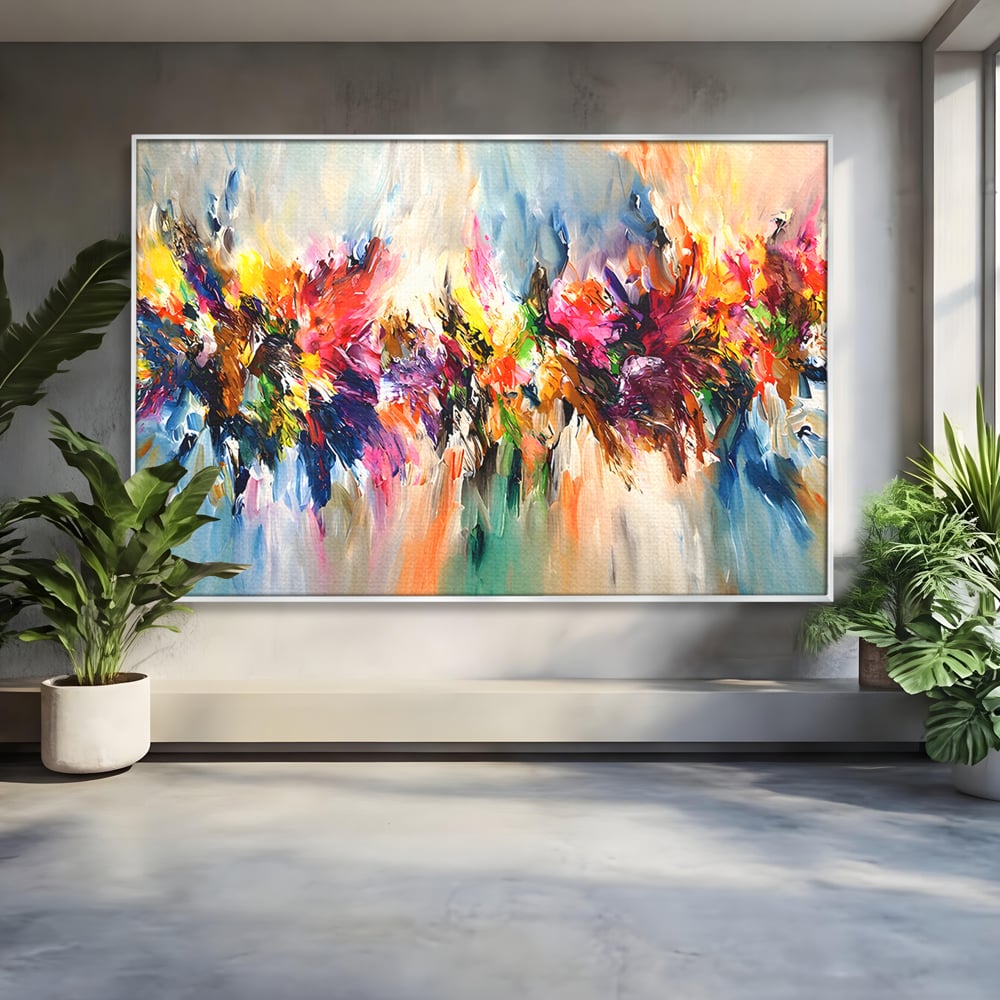 Tablou canvas cu pictura abstracta cu explozie de culoare, in rama de aluminiu argintiu