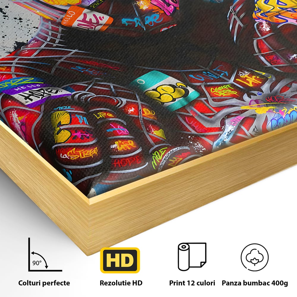 Detaliu al suprafetei: tablou canvas cu omul paianjen in stil grafitti, in rama de aluminiu auriu