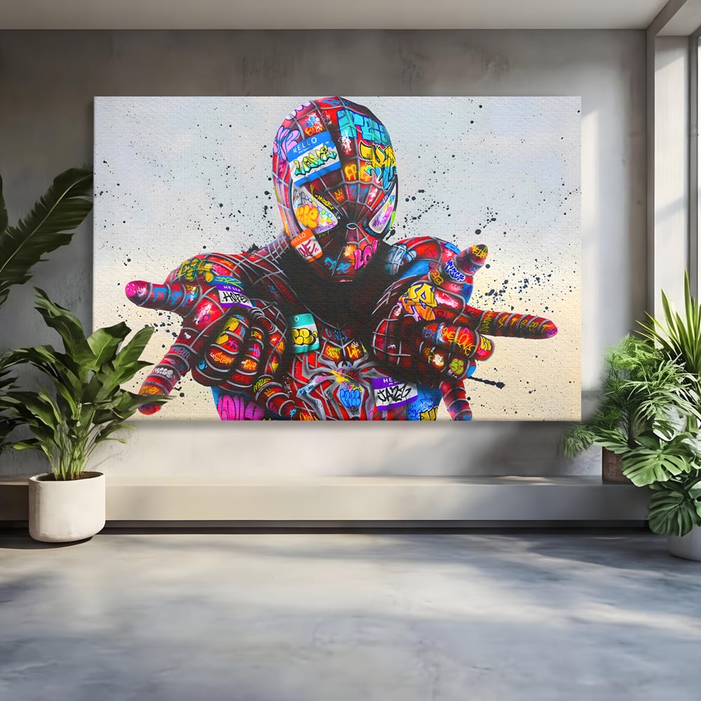 Tablou canvas cu tablou canvas cu omul paianjen in stil grafitti, fara rama, pe sasiu de lemn