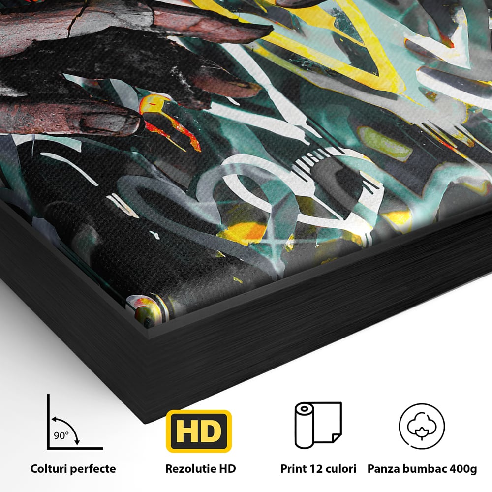Detaliu al suprafetei: tablou canvas cu mainile care se ating si fundal cu inimi, in rama de aluminiu negru