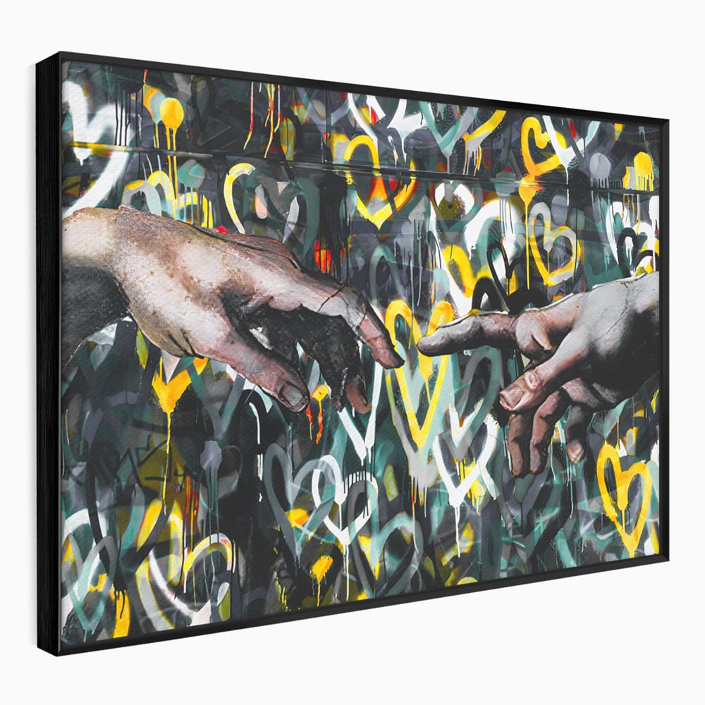 Tablou canvas cu tablou canvas cu mainile care se ating si fundal cu inimi, in rama de aluminiu negru