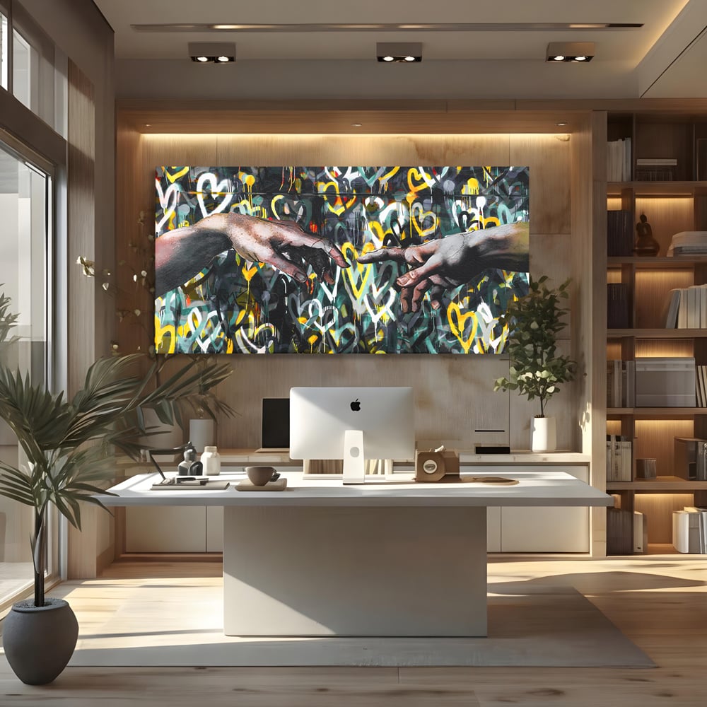 Tablou canvas cu tablou canvas cu mainile care se ating si fundal cu inimi, fara rama, pe sasiu de lemn, pe perete intr-un birou