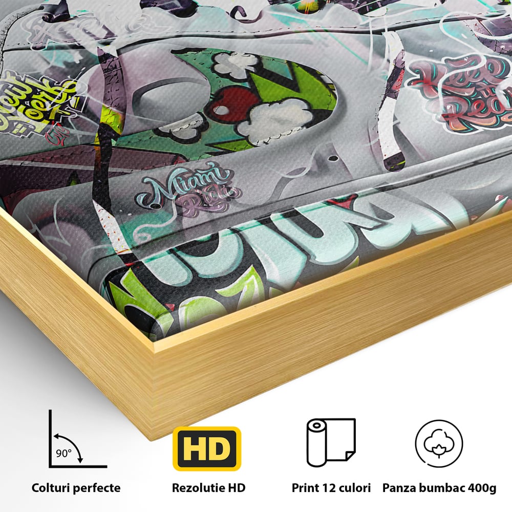 Detaliu al suprafetei: tablou canvas cu adidasi graffiti, in rama de aluminiu auriu