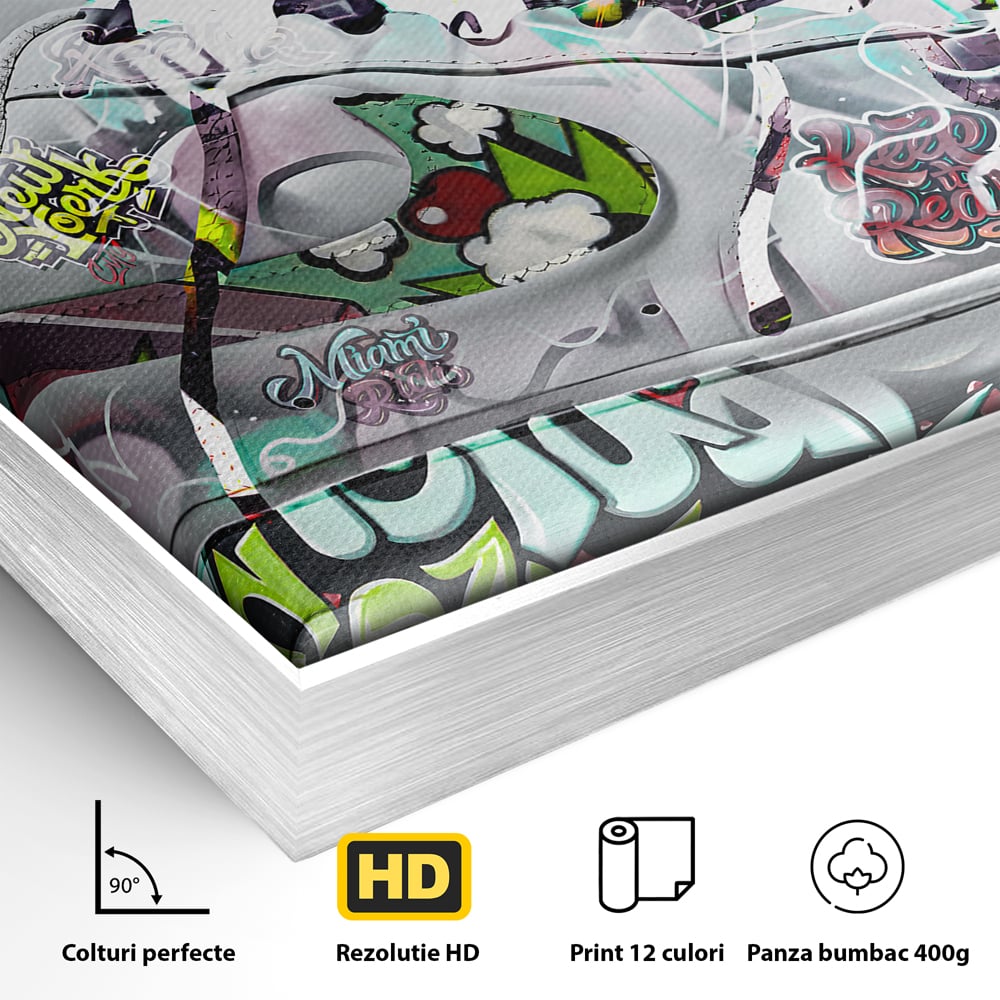 Detaliu al suprafetei: tablou canvas cu adidasi graffiti, in rama de aluminiu argintiu