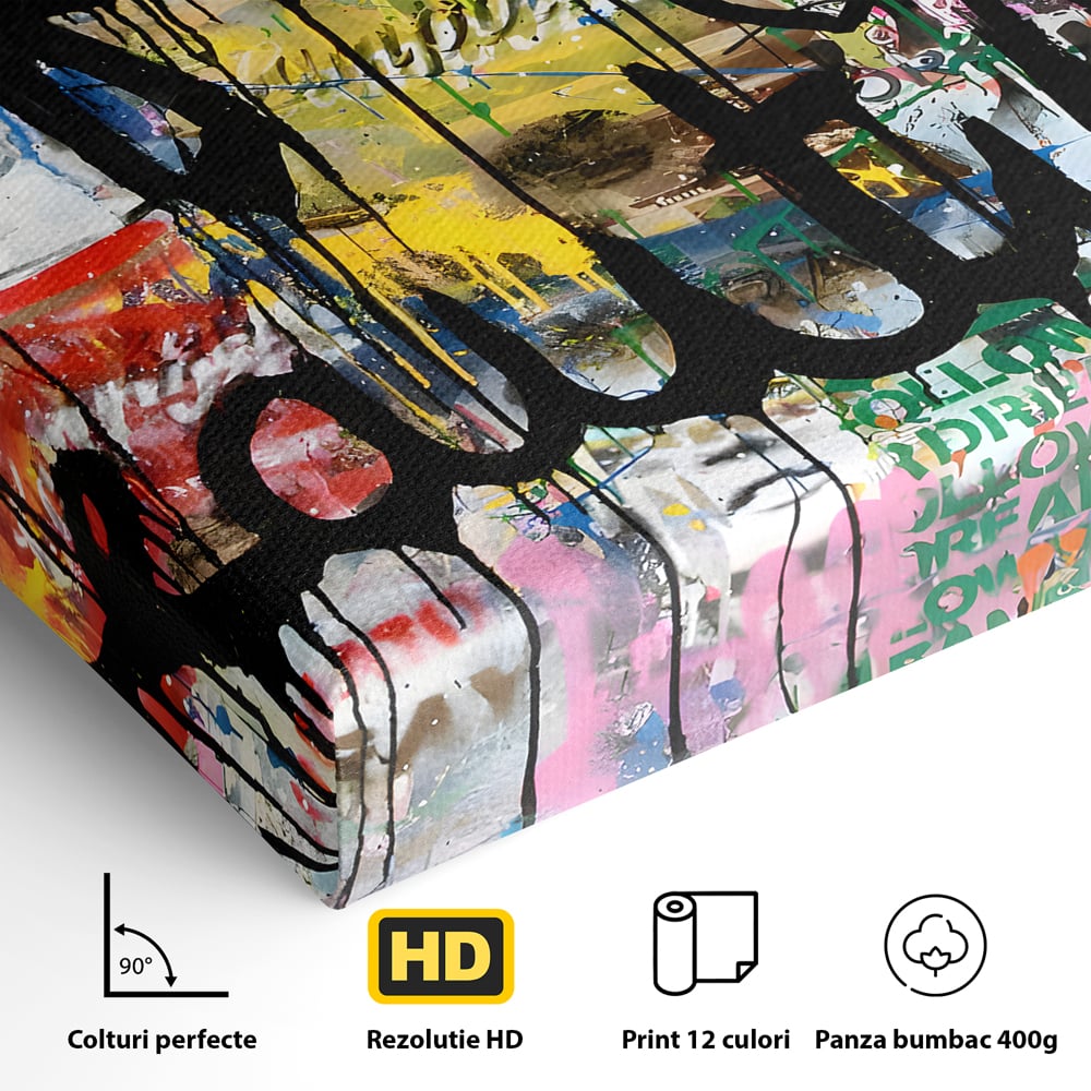 Detaliu al suprafetei: tablou canvas cu graffiti motivational, fara rama, pe sasiu de lemn