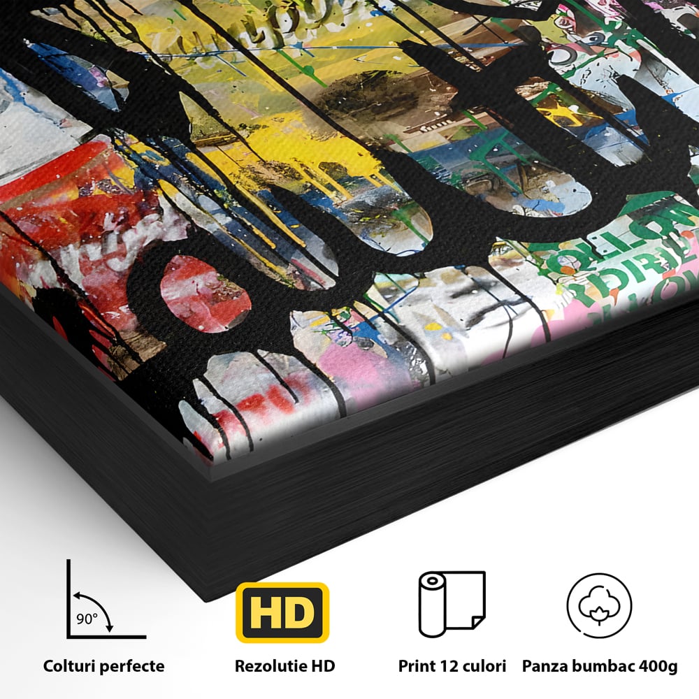 Detaliu al suprafetei: tablou canvas cu graffiti motivational, in rama de aluminiu negru