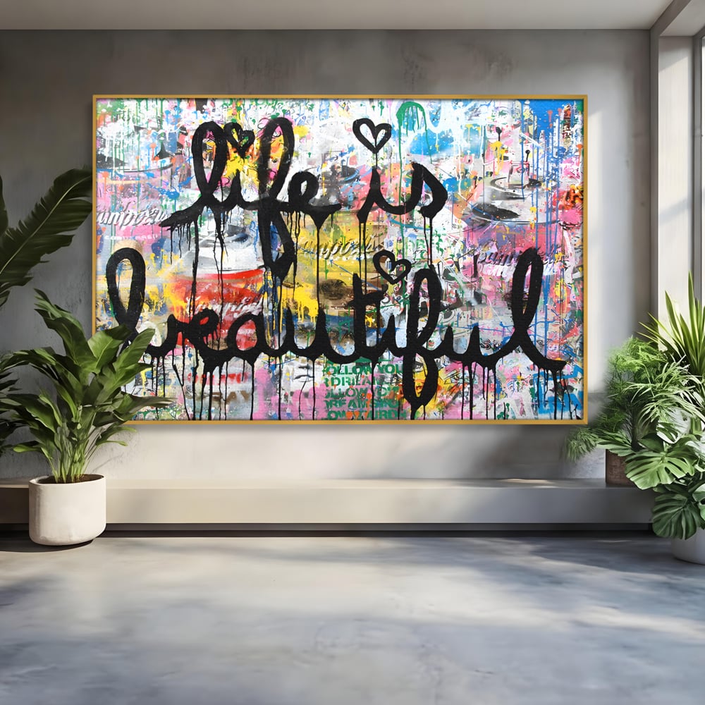 Tablou canvas cu tablou canvas cu graffiti motivational, in rama de aluminiu auriu