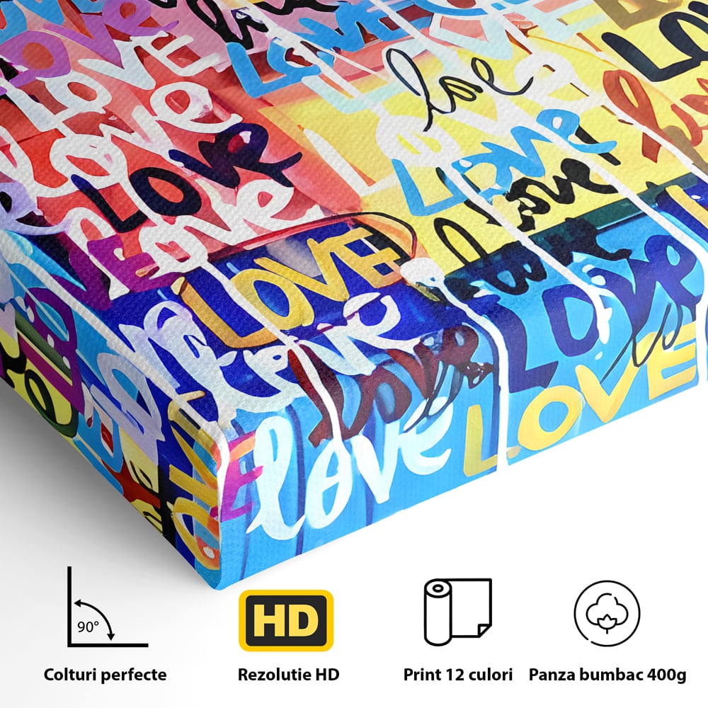 Detaliu al suprafetei: tablou canvas cu graffiti colorat si cuvantul love, fara rama, pe sasiu de lemn