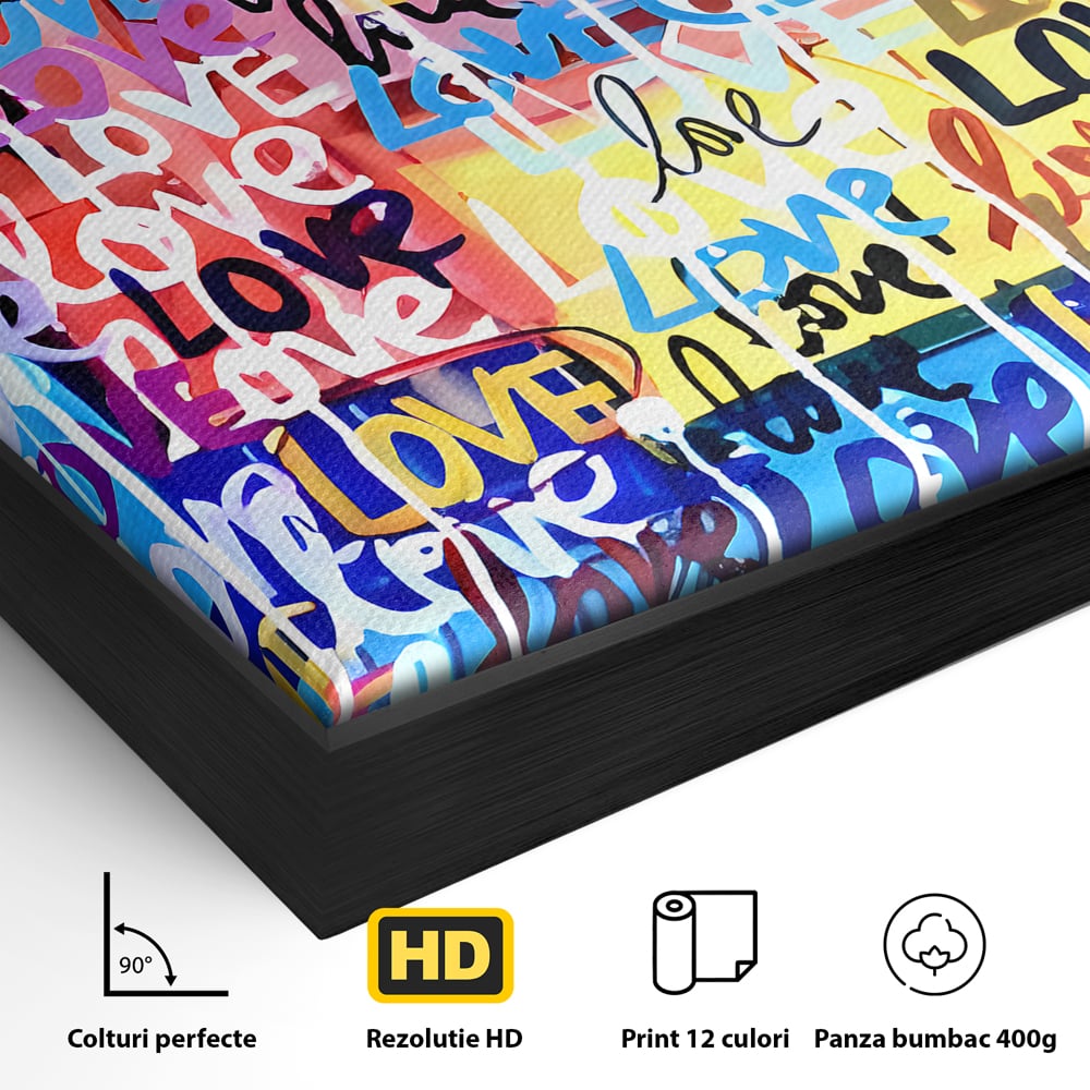Detaliu al suprafetei: tablou canvas cu graffiti colorat si cuvantul love, in rama de aluminiu negru