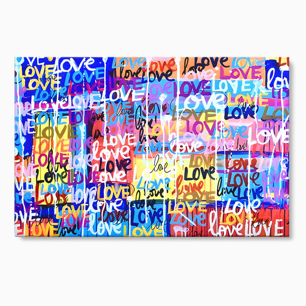 Tablou canvas cu tablou canvas cu graffiti colorat si cuvantul love, fara rama, pe sasiu de lemn