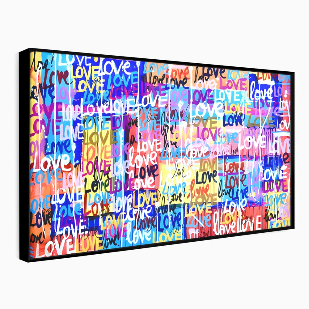 Tablou canvas cu tablou canvas cu graffiti colorat si cuvantul love, in rama de aluminiu negru