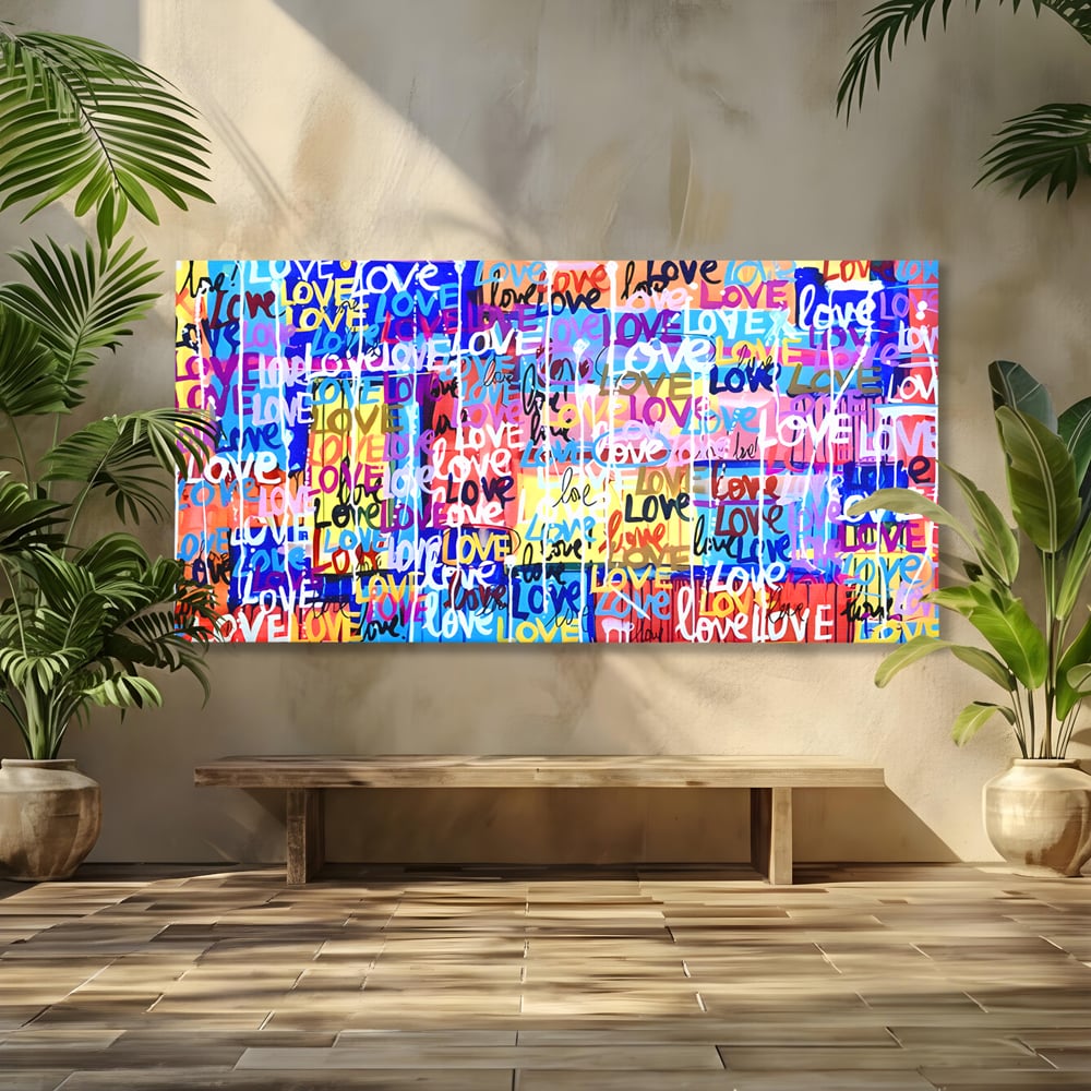 Tablou canvas cu tablou canvas cu graffiti colorat si cuvantul love, fara rama, pe sasiu de lemn