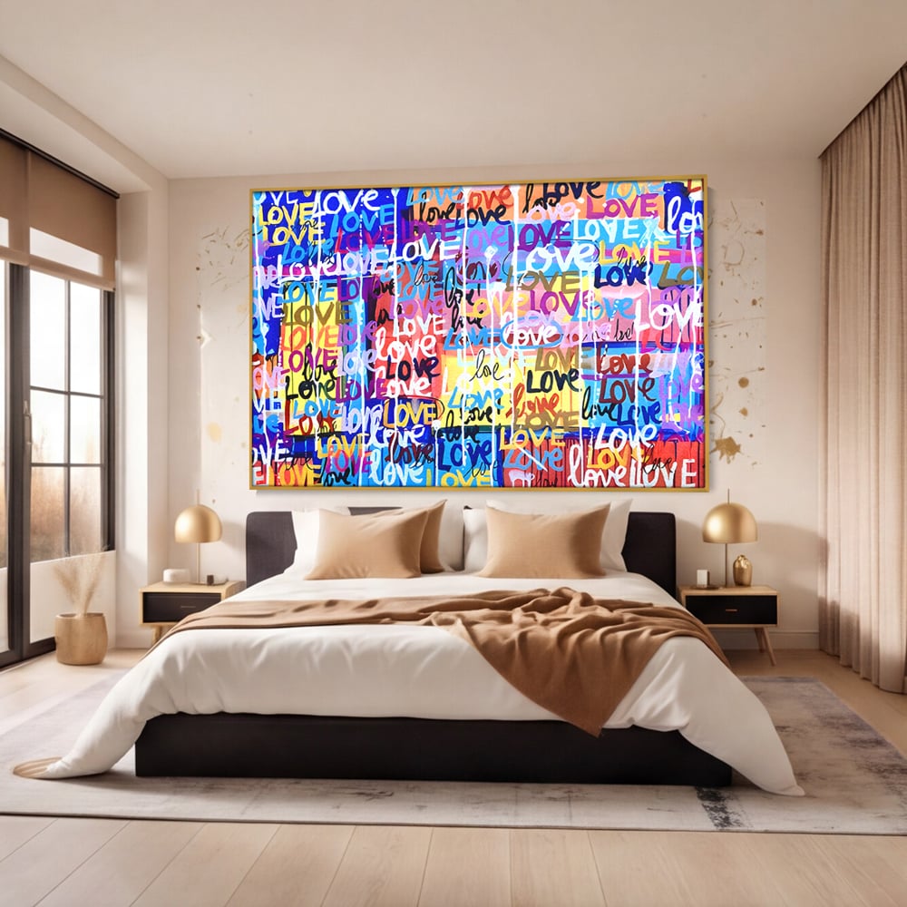 Tablou canvas cu tablou canvas cu graffiti colorat si cuvantul love, in rama de aluminiu auriu, pe perete intr-un dormitor