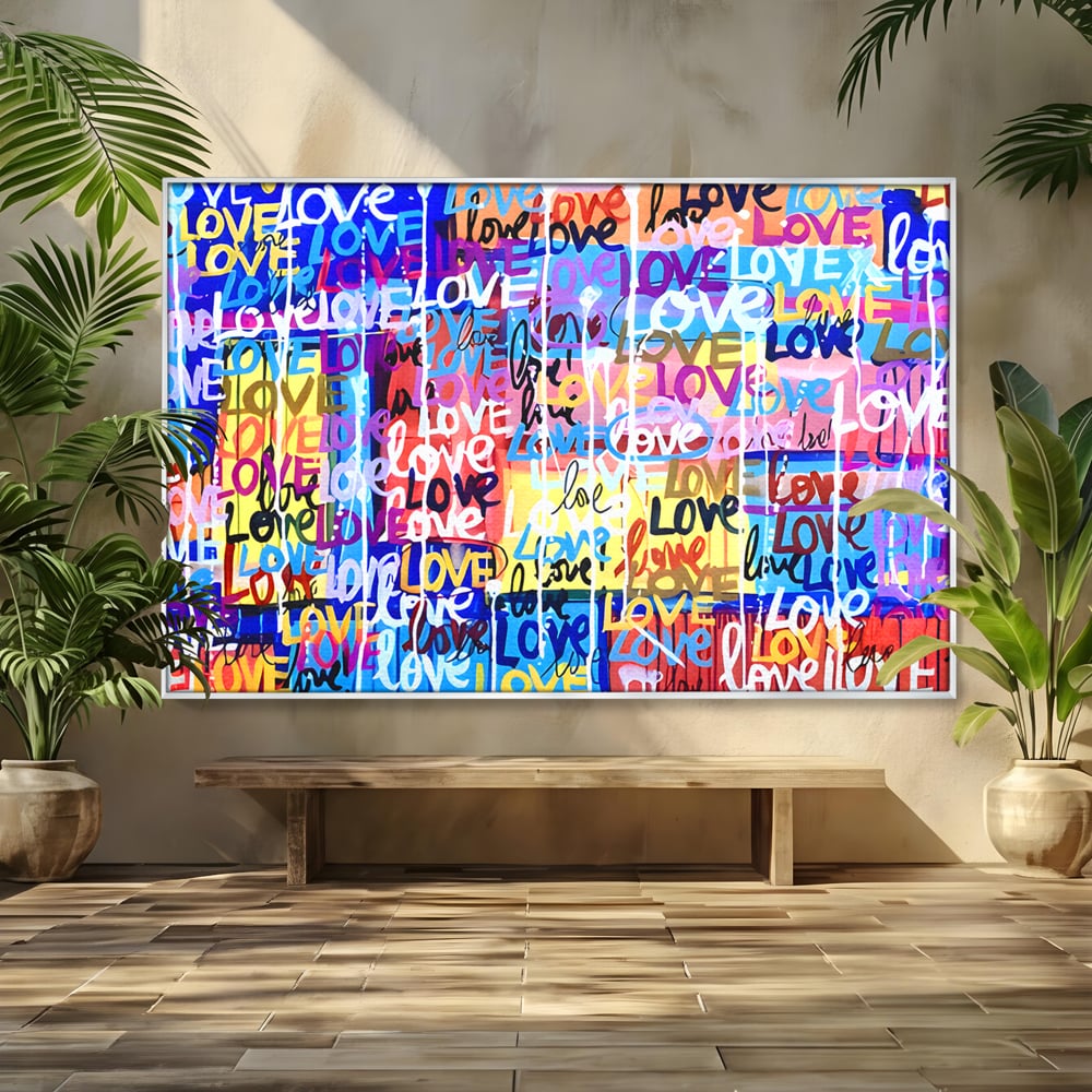 Tablou canvas cu tablou canvas cu graffiti colorat si cuvantul love, in rama de aluminiu argintiu