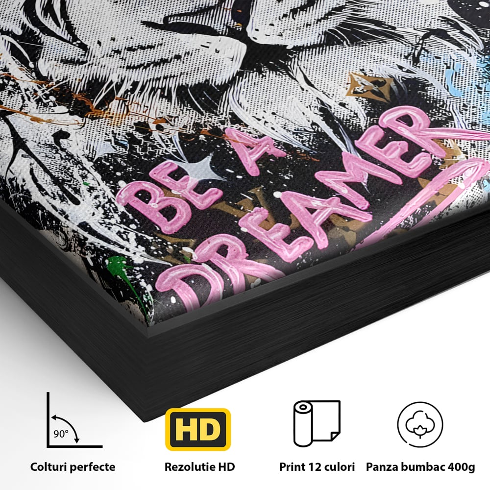 Detaliu al suprafetei: tablou canvas cu tigru alb si personaje pop-art, in rama de aluminiu negru