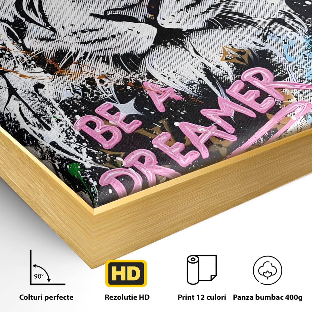 Detaliu al suprafetei: tablou canvas cu tigru alb si personaje pop-art, in rama de aluminiu auriu