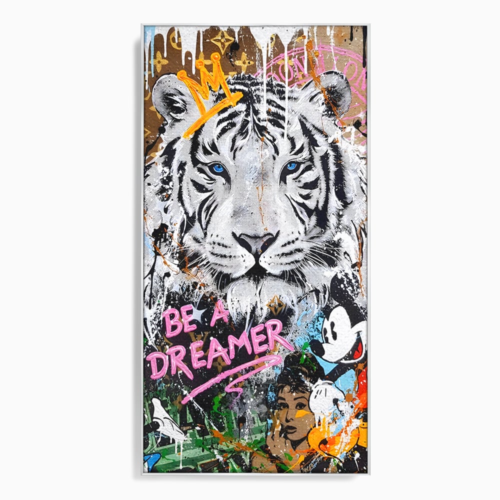 Tablou canvas cu tablou canvas cu tigru alb si personaje pop-art, in rama de aluminiu argintiu