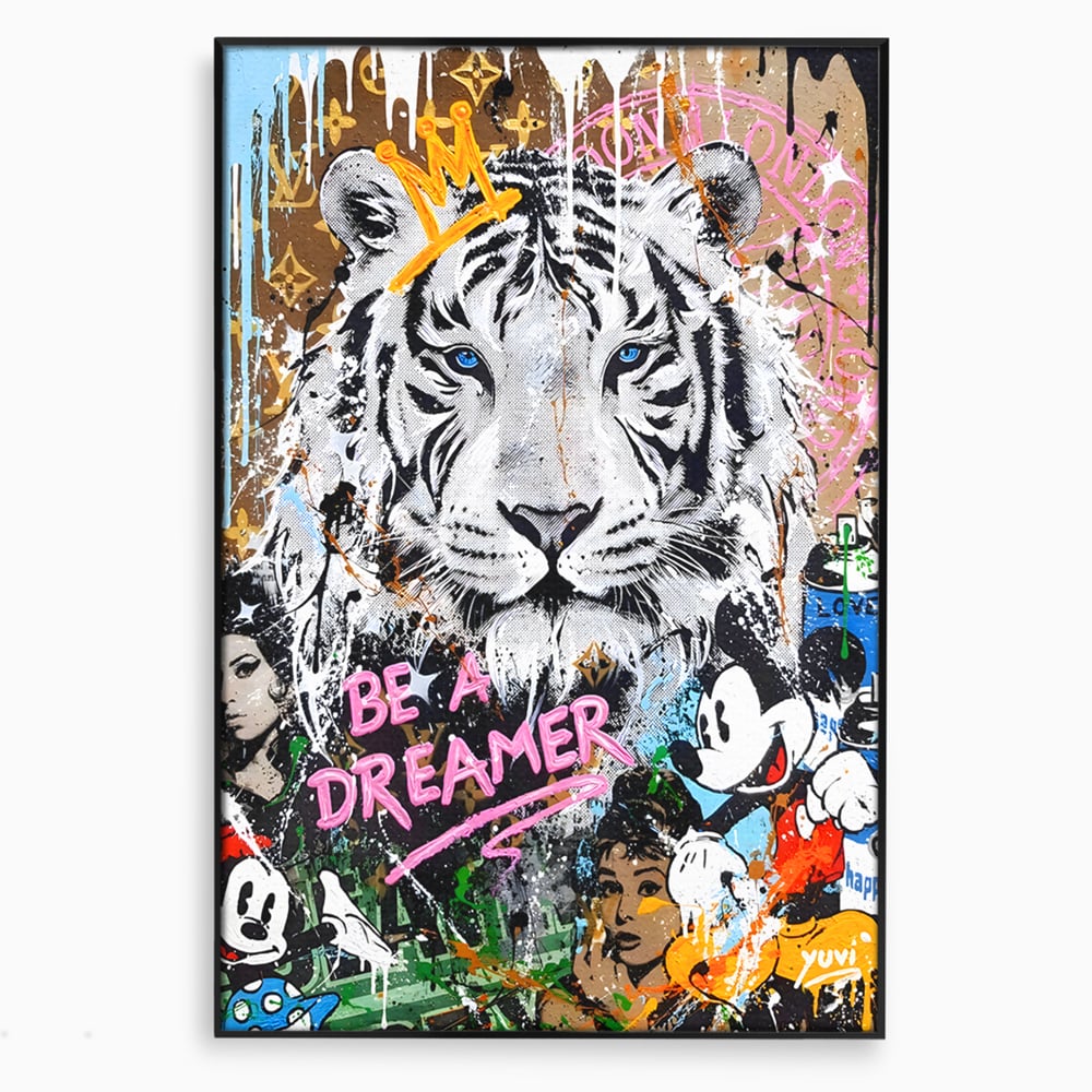 Tablou canvas cu tablou canvas cu tigru alb si personaje pop-art, in rama de aluminiu negru