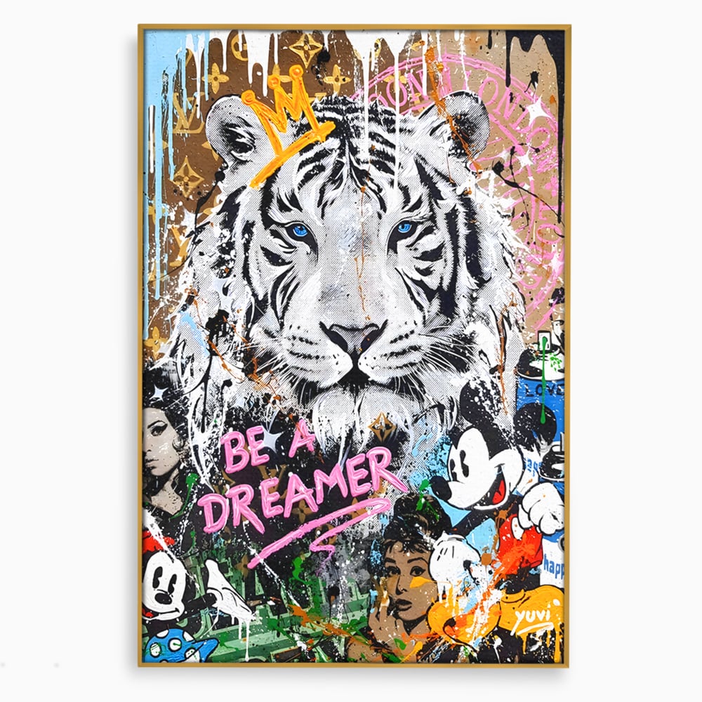 Tablou canvas cu tablou canvas cu tigru alb si personaje pop-art, in rama de aluminiu auriu