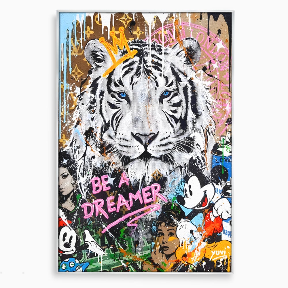 Tablou canvas cu tablou canvas cu tigru alb si personaje pop-art, in rama de aluminiu argintiu