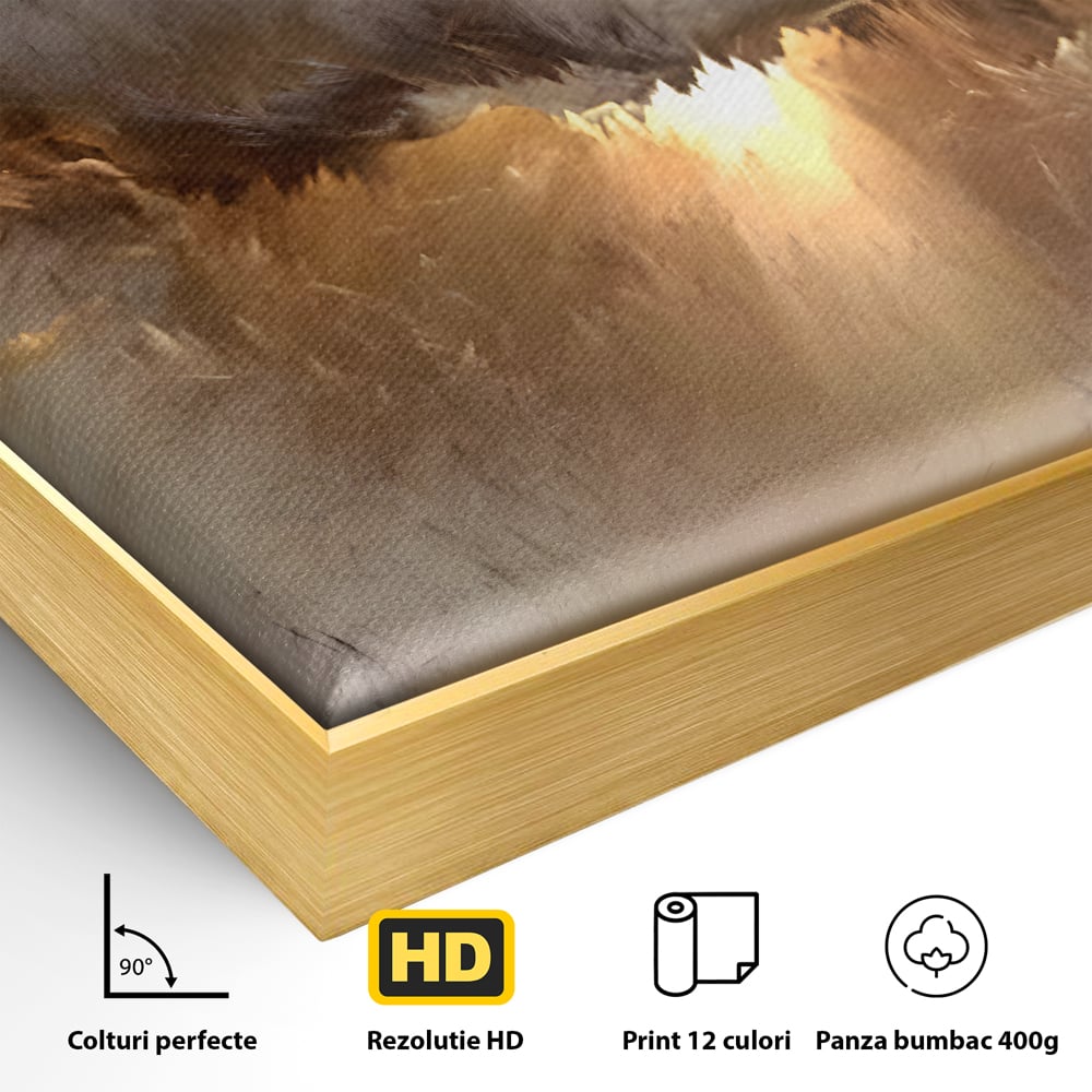 Detaliu al suprafetei: tablou canvas cu peisaj abstract luminos, in rama de aluminiu auriu