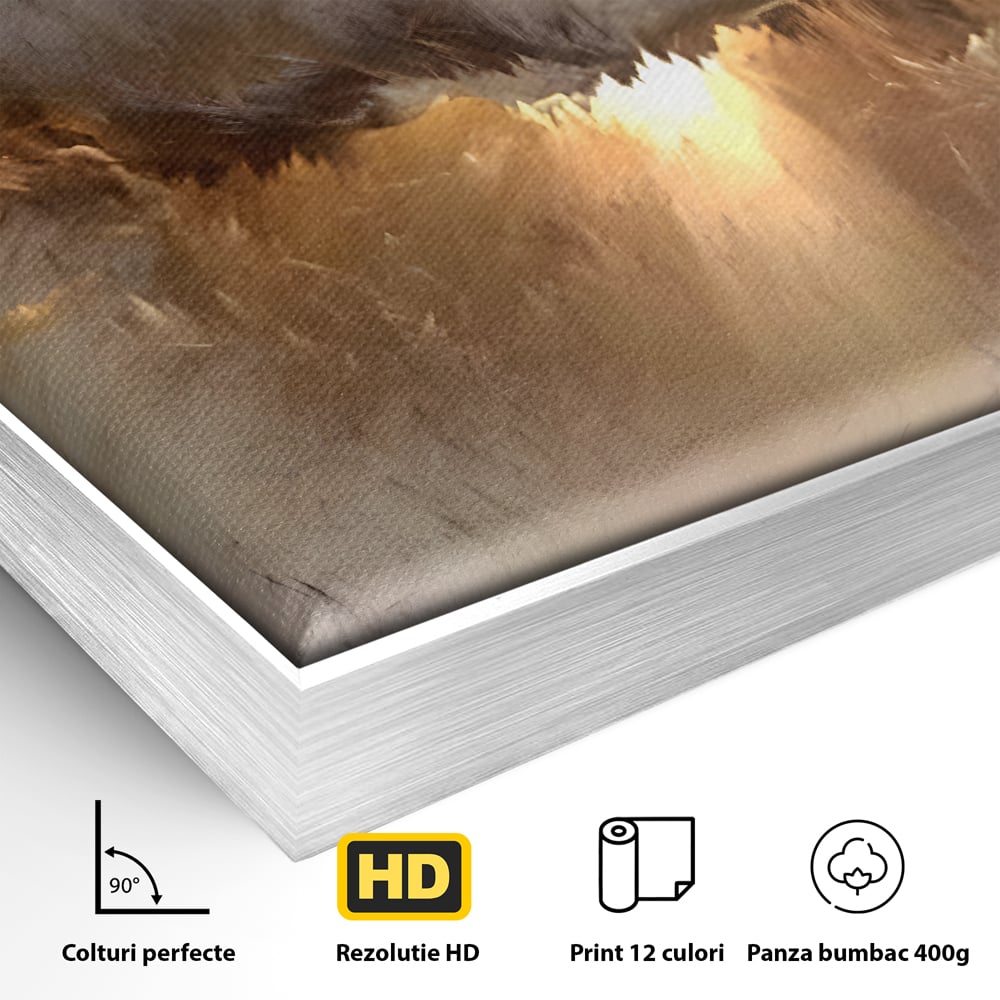 Detaliu al suprafetei: tablou canvas cu peisaj abstract luminos, in rama de aluminiu argintiu