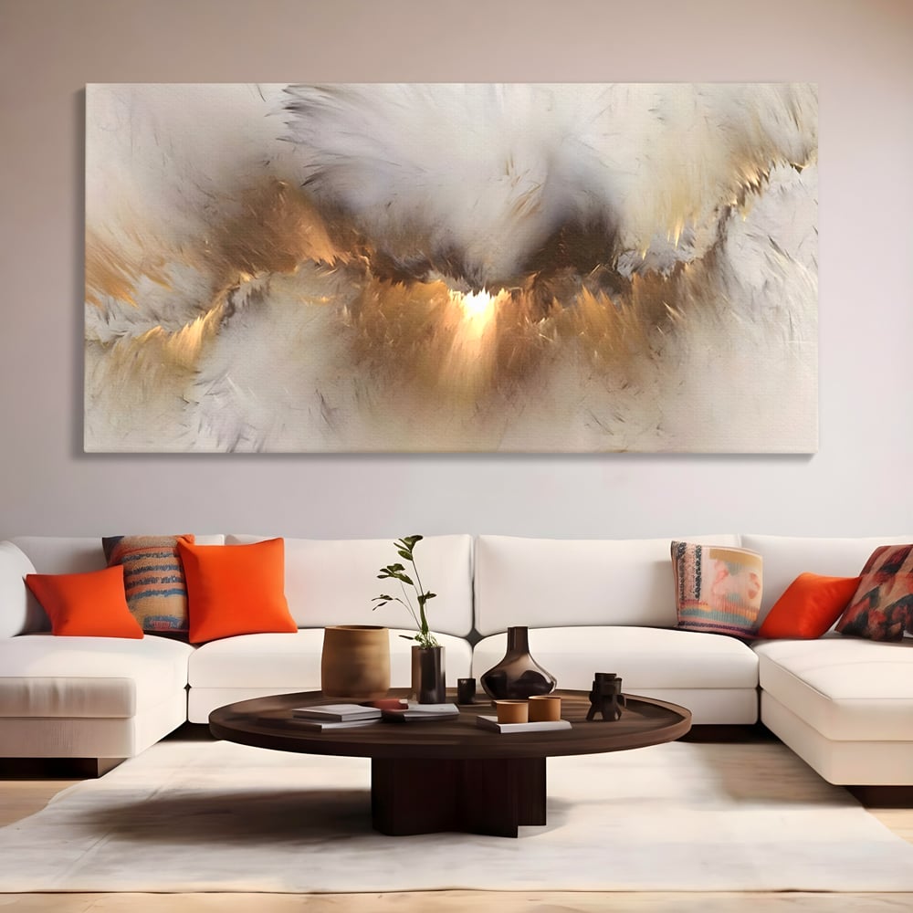 Tablou canvas cu tablou canvas cu peisaj abstract luminos, fara rama, pe sasiu de lemn, pe perete intr-un living