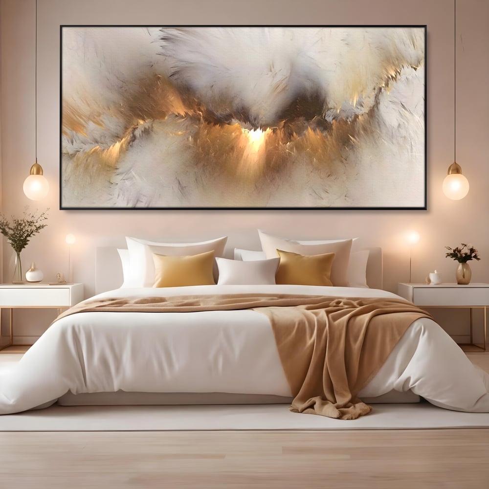 Tablou canvas cu tablou canvas cu peisaj abstract luminos, in rama de aluminiu negru, pe perete intr-un dormitor