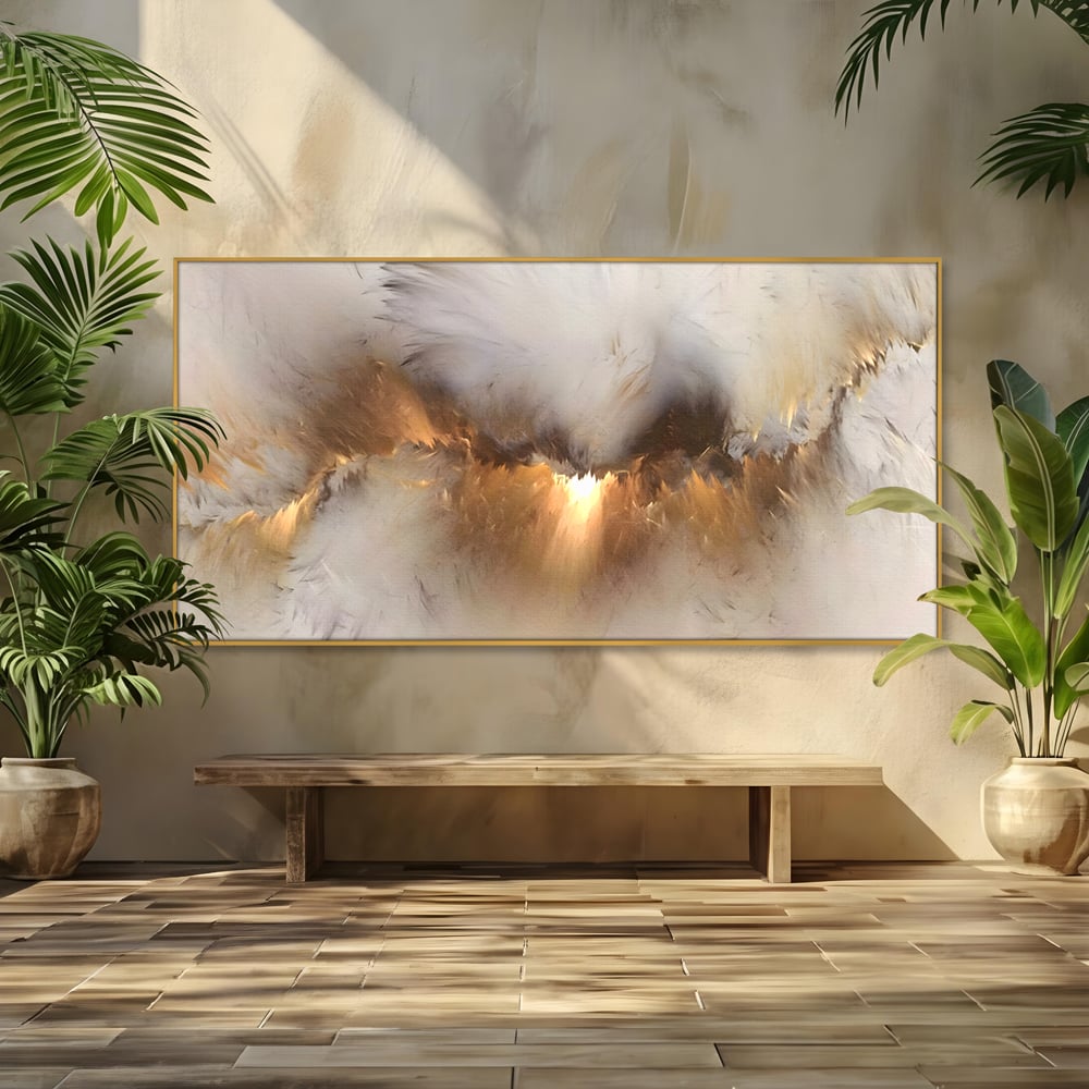Tablou canvas cu tablou canvas cu peisaj abstract luminos, in rama de aluminiu auriu