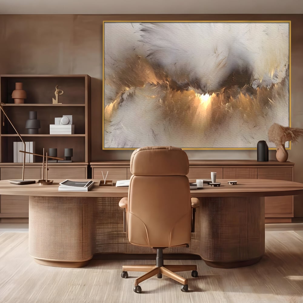 Tablou canvas cu tablou canvas cu peisaj abstract luminos, in rama de aluminiu auriu, pe perete intr-un birou