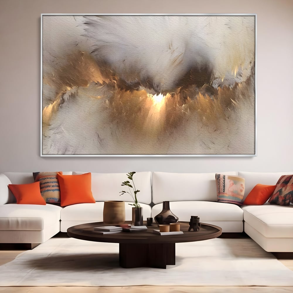 Tablou canvas cu tablou canvas cu peisaj abstract luminos, in rama de aluminiu argintiu, pe perete intr-un living