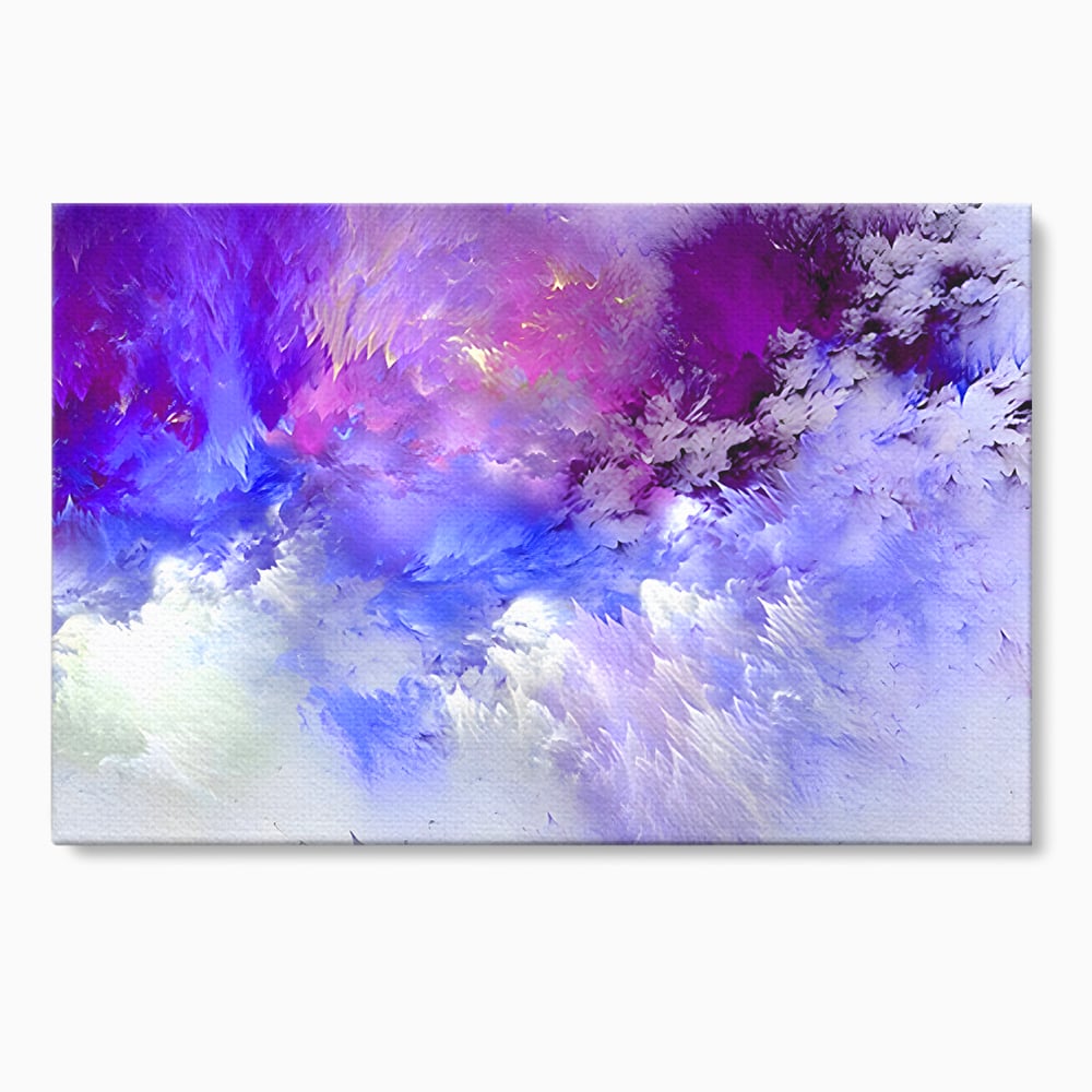 Tablou canvas cu pictura abstracta cu nori mov si albastri, fara rama, pe sasiu de lemn