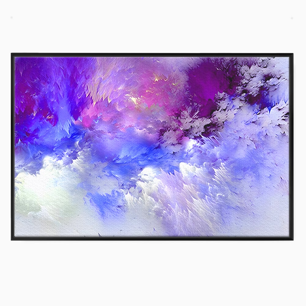Tablou canvas cu pictura abstracta cu nori mov si albastri, in rama de aluminiu negru