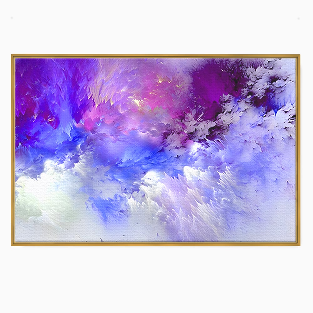 Tablou canvas cu pictura abstracta cu nori mov si albastri, in rama de aluminiu auriu