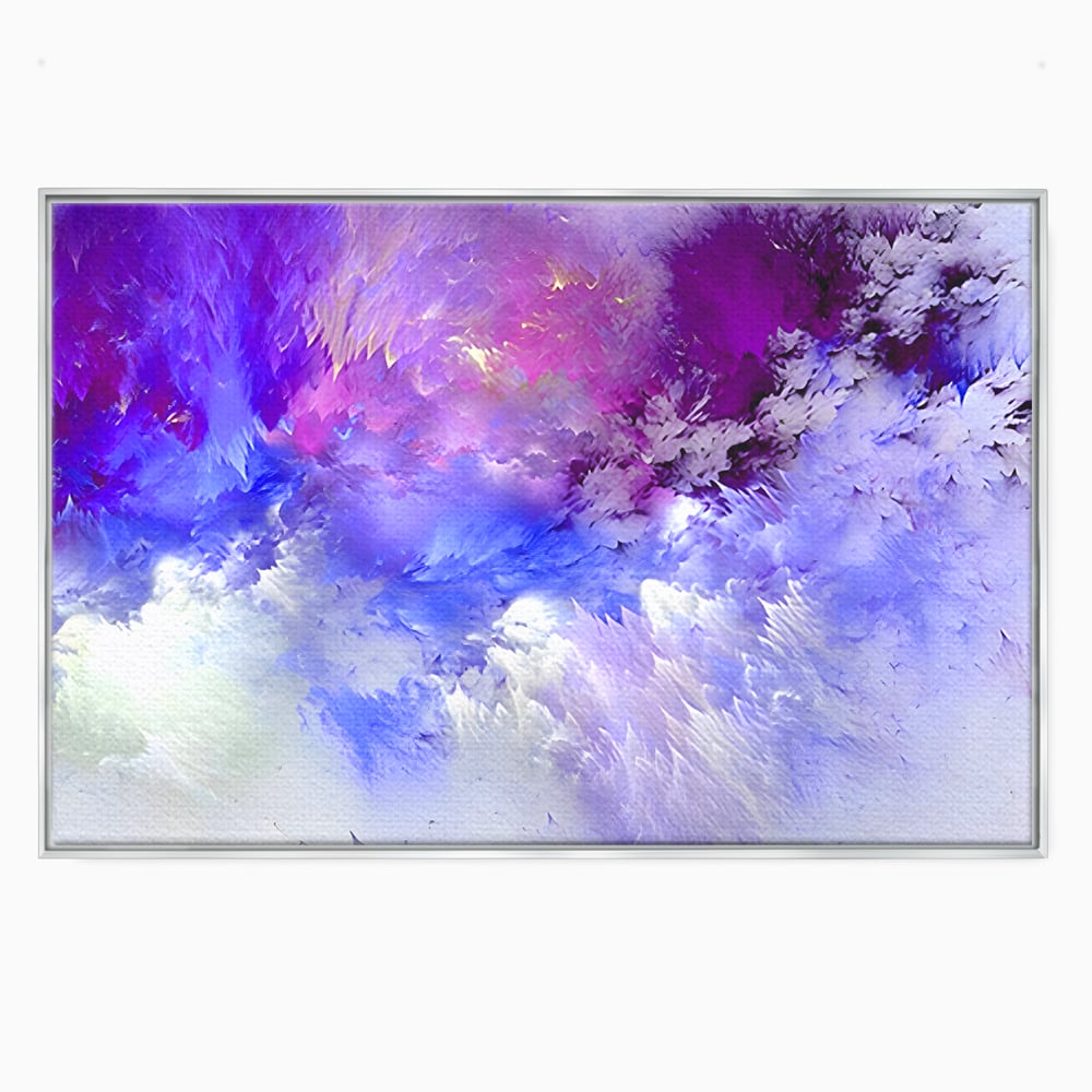 Tablou canvas cu pictura abstracta cu nori mov si albastri, in rama de aluminiu argintiu
