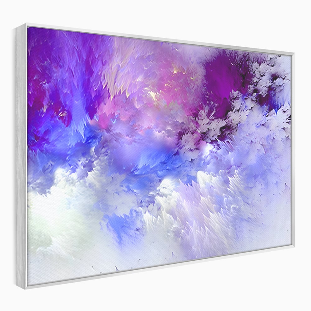 Tablou canvas cu pictura abstracta cu nori mov si albastri, in rama de aluminiu argintiu