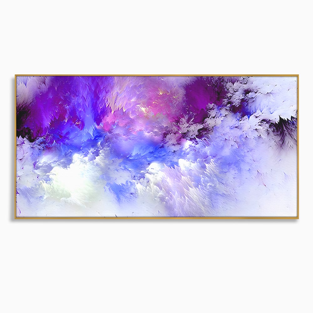 Tablou canvas cu pictura abstracta cu nori mov si albastri, in rama de aluminiu auriu