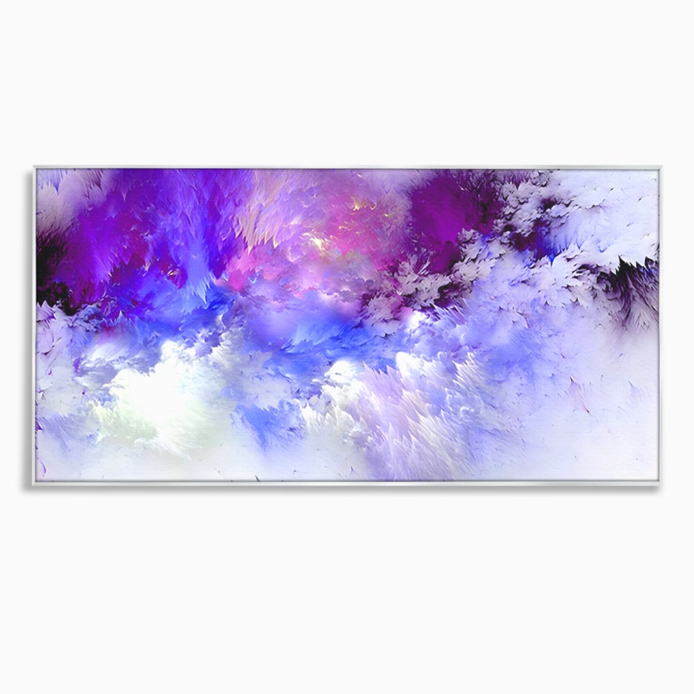 Tablou canvas cu pictura abstracta cu nori mov si albastri, in rama de aluminiu argintiu
