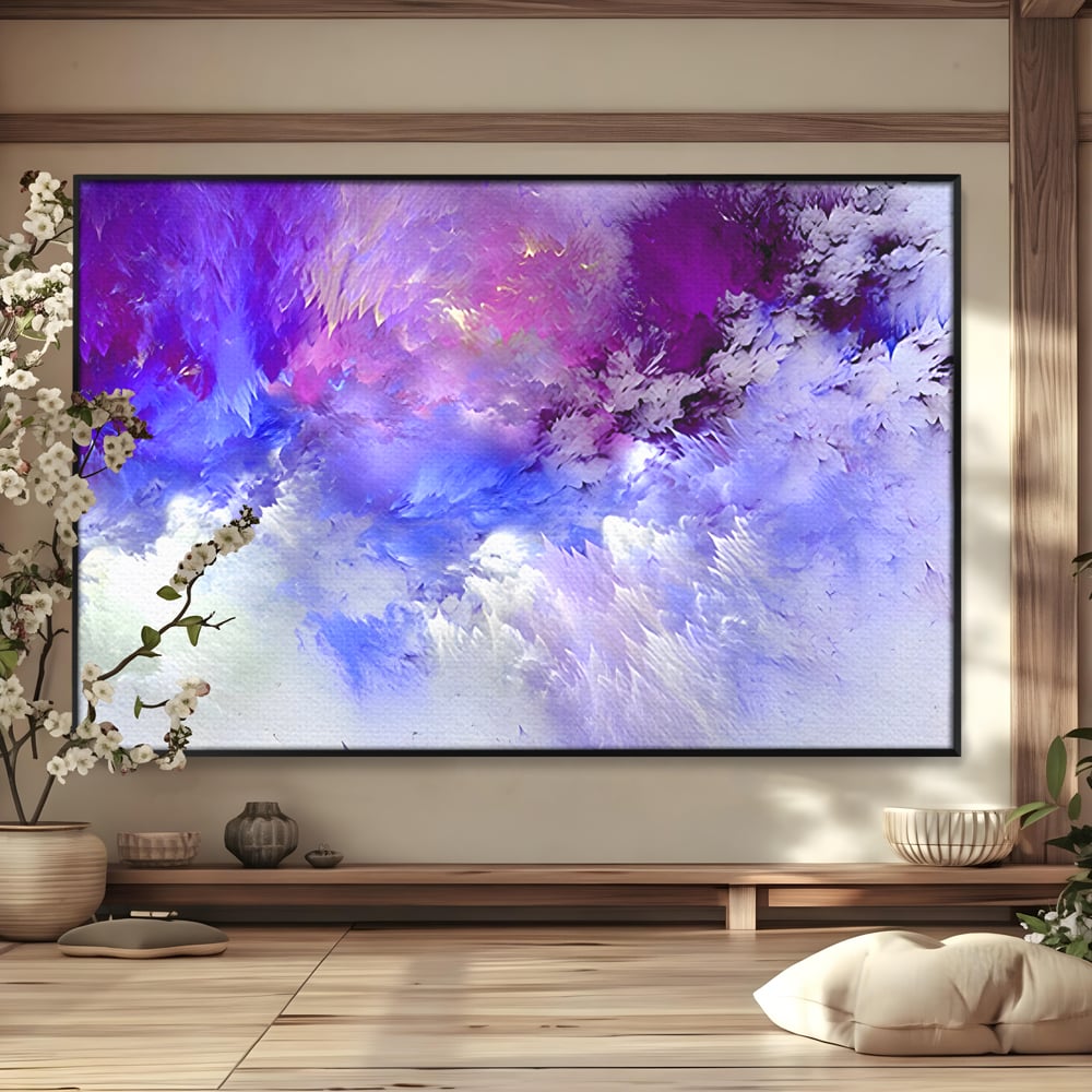 Tablou canvas cu pictura abstracta cu nori mov si albastri, in rama de aluminiu negru