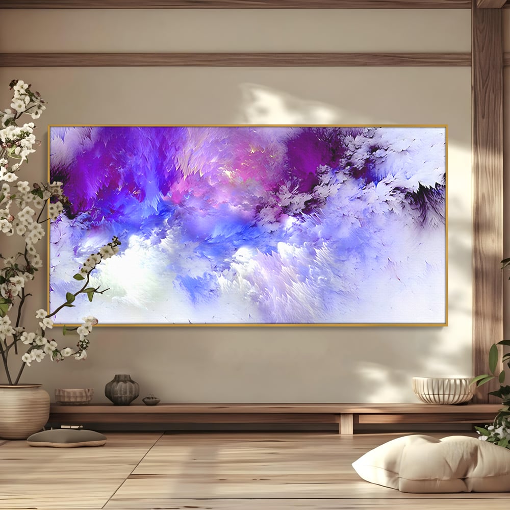 Tablou canvas cu pictura abstracta cu nori mov si albastri, in rama de aluminiu auriu