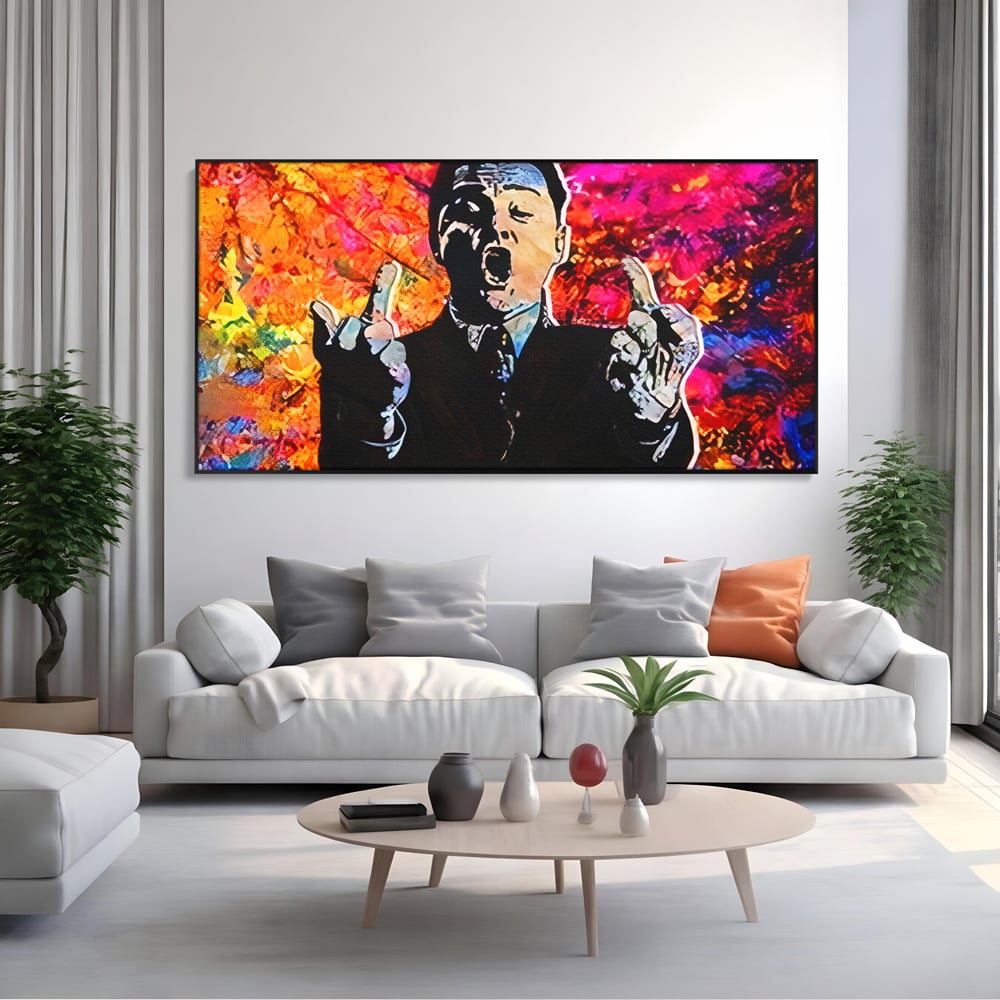 Tablou canvas cu tablou canvas cu leonardo dicaprio pop art, in rama de aluminiu negru, pe perete intr-un living