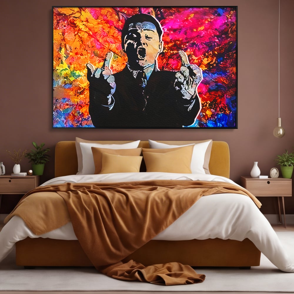 Tablou canvas cu tablou canvas cu leonardo dicaprio pop art, in rama de aluminiu negru, pe perete intr-un dormitor