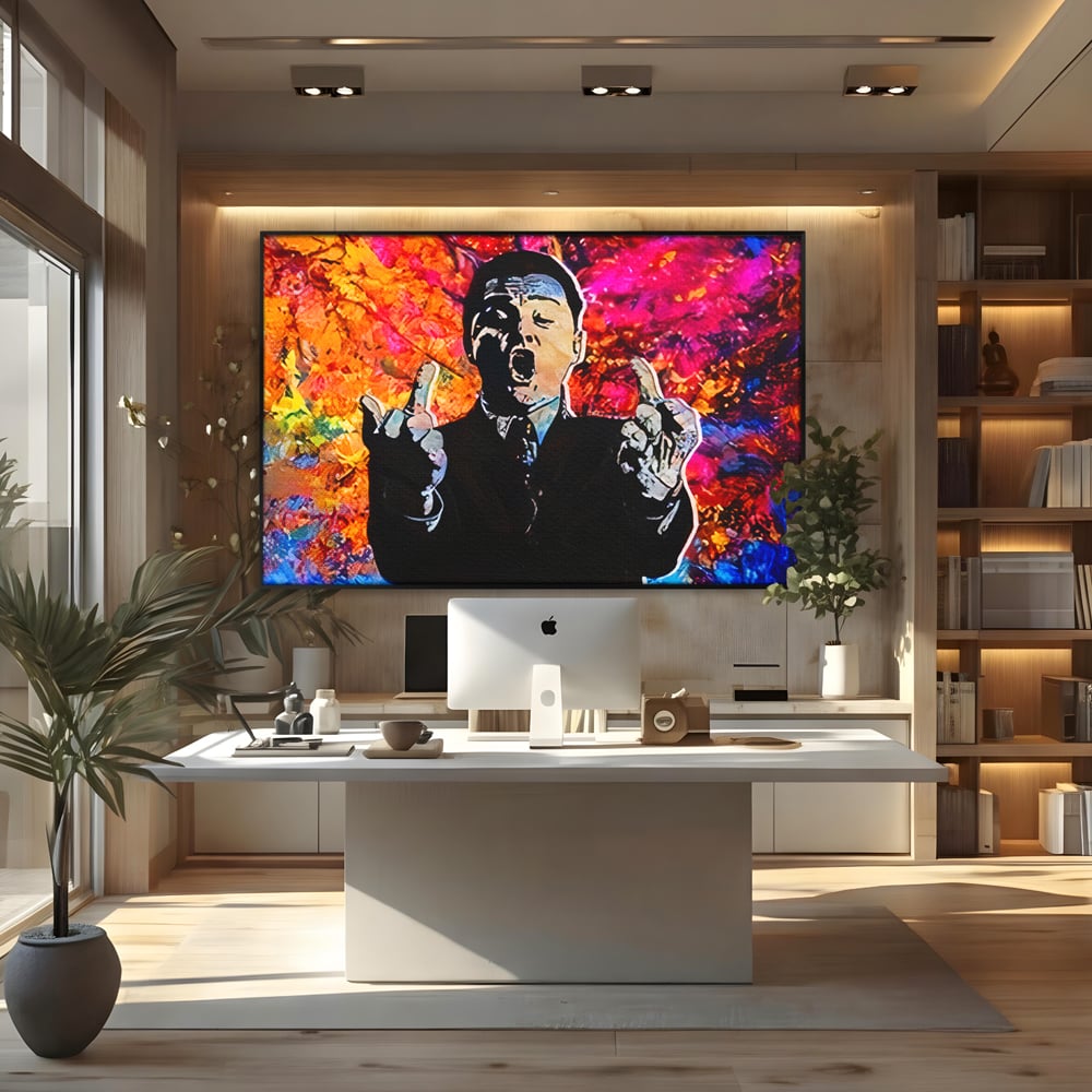 Tablou canvas cu tablou canvas cu leonardo dicaprio pop art, in rama de aluminiu negru, pe perete intr-un birou