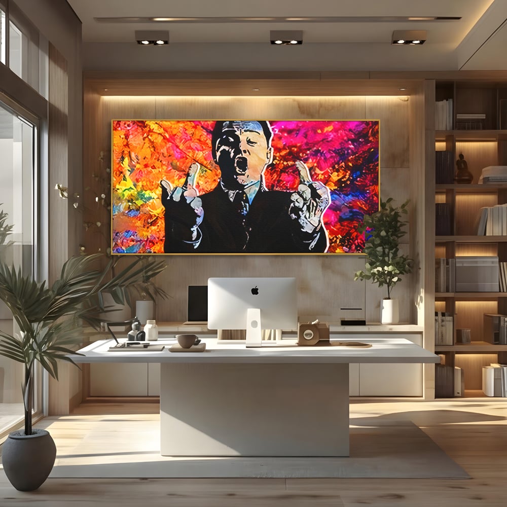 Tablou canvas cu tablou canvas cu leonardo dicaprio pop art, in rama de aluminiu auriu, pe perete intr-un birou