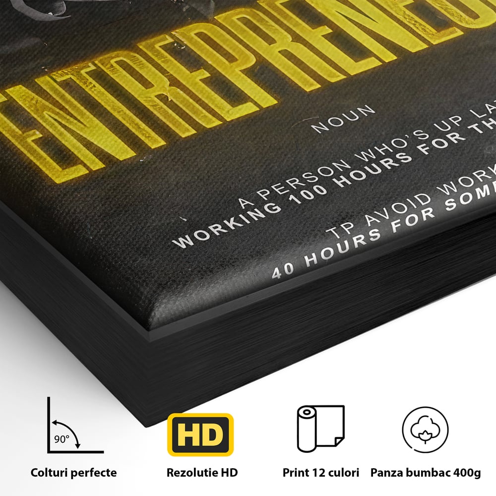 Detaliu al suprafetei: ilustratie motivationala cu text si costum, in rama de aluminiu negru