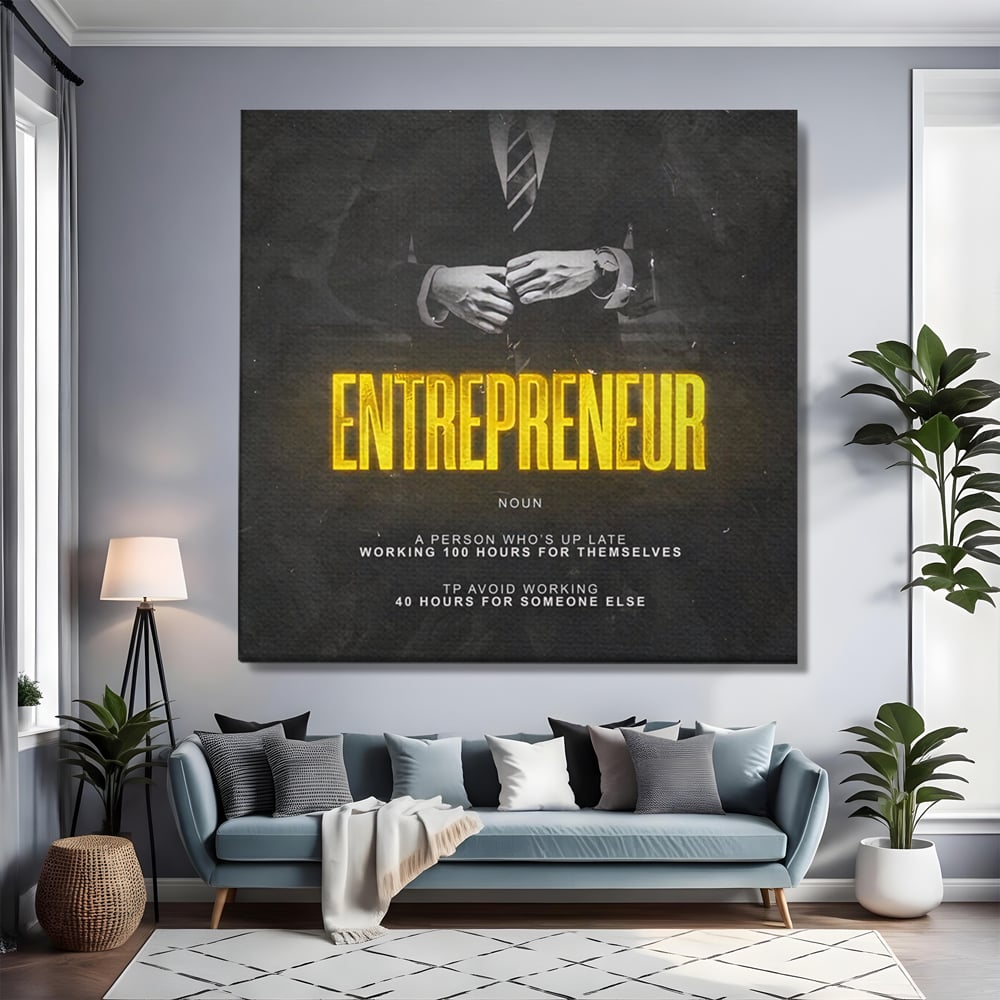 Tablou canvas cu ilustratie motivationala cu text si costum, fara rama, pe sasiu de lemn, pe perete intr-un living