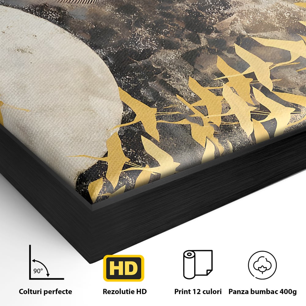 Detaliu al suprafetei: tablou canvas cu pasari aurii si luna, in rama de aluminiu negru